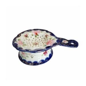 Vintage Tea Strainer and Drip Cup Hand Painted BNavy and Pink Flowers